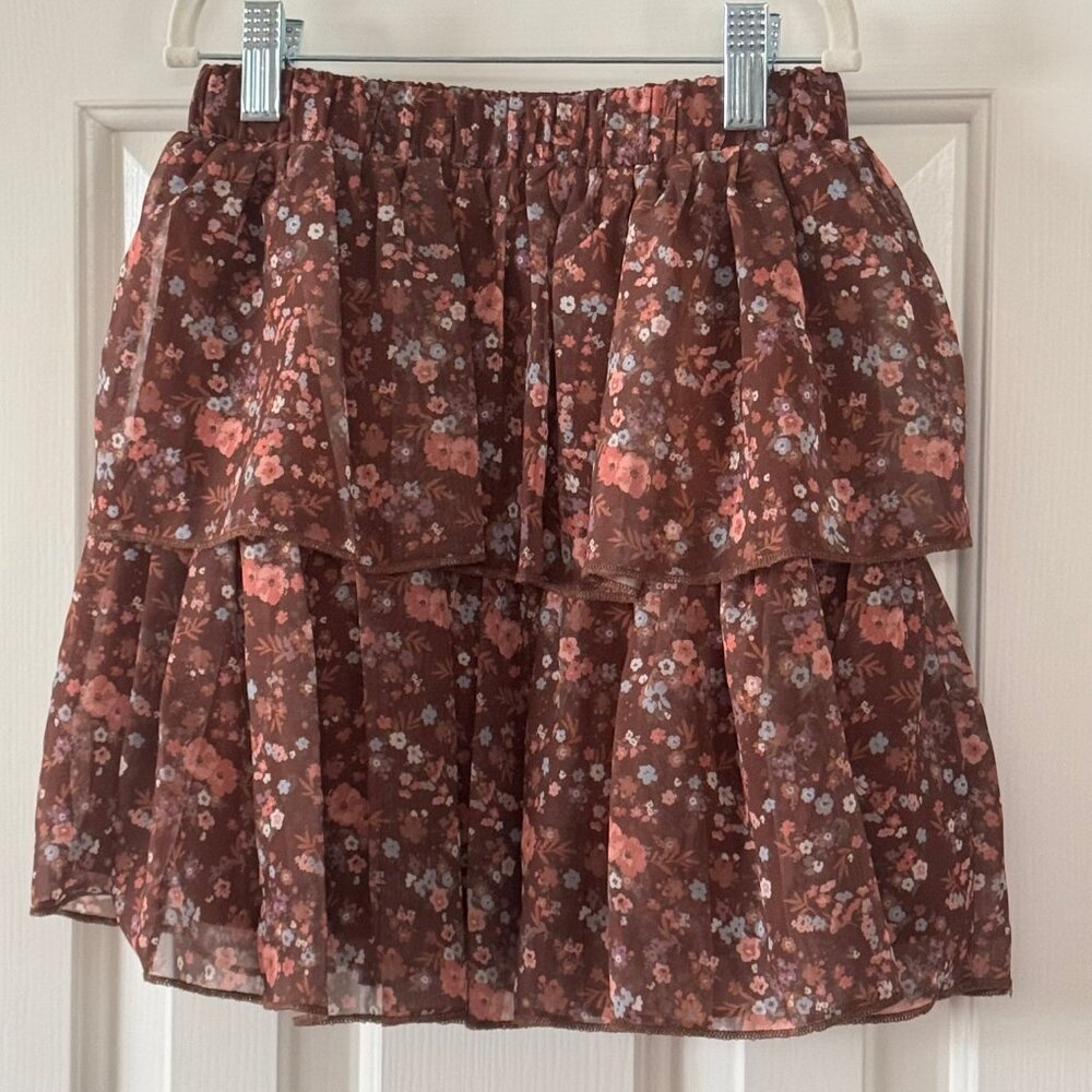 Moon and Stars Girls Brown Floral Print Ruffle Skirt New Without Tags Size S 7/8